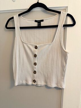 Forever 21 White Ribbed Button-Front Crop Tank